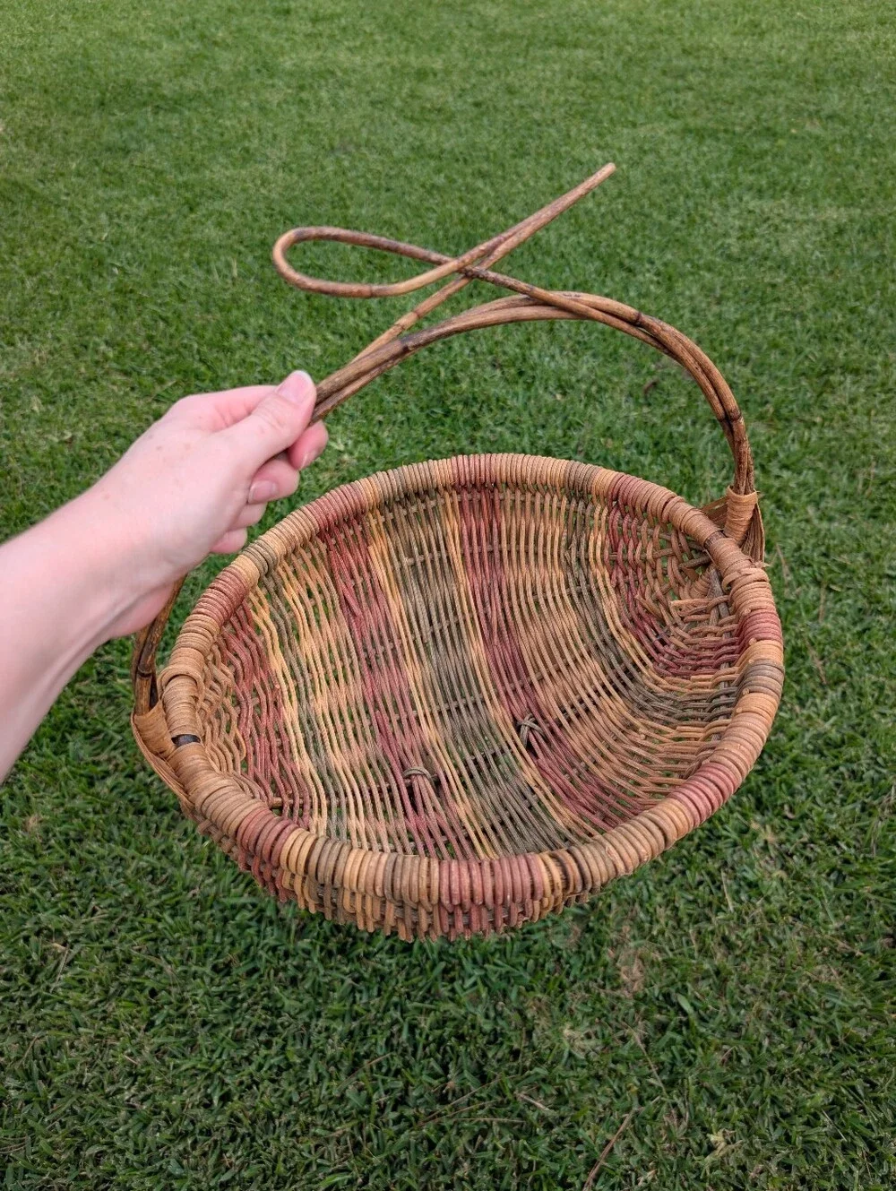 Large Vintage Handwoven Multicolored Natural‎ Woven Rattan Basket with Handle